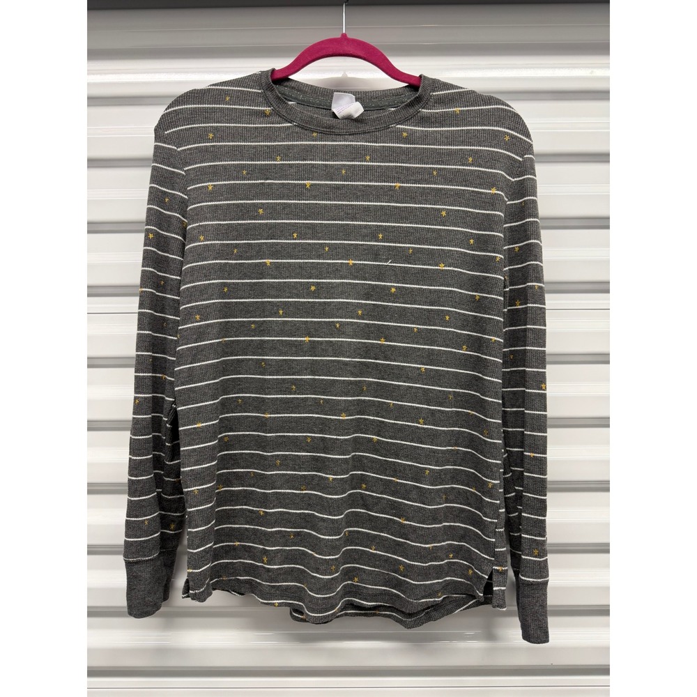 Pajama Set Grey Waffle Knit Striped Gold Star Thermal Top Joggers Medium